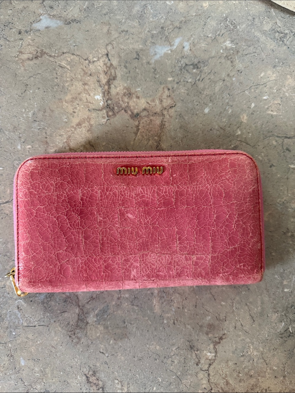 Miu Miu Rose Pink Textured Zip-Around Leather Wallet